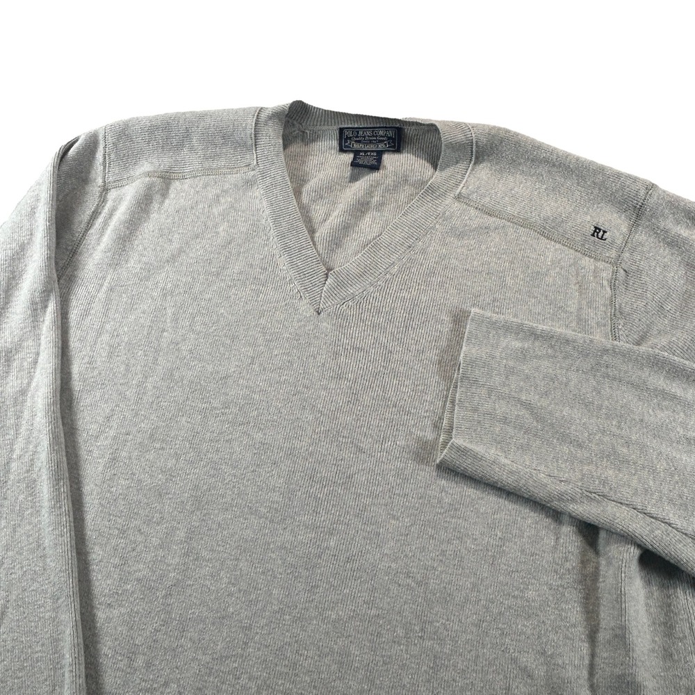 Polo Jeans Co Sweater Mens XL Gray V-Neck Cotton Ribbed Knit RL Logo 20312